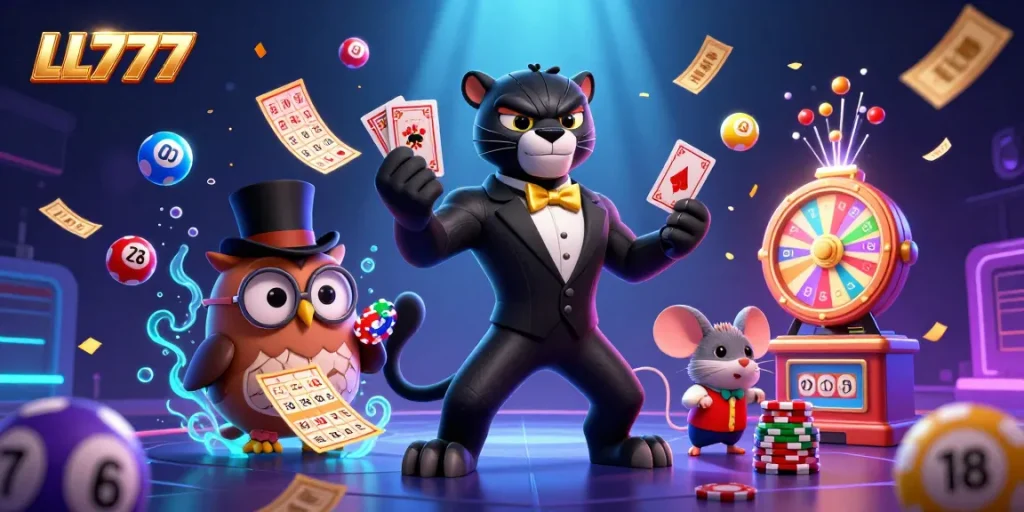 Play games with LL777 in a vibrant casino scene featuring cards, poker chips, and lottery elements.