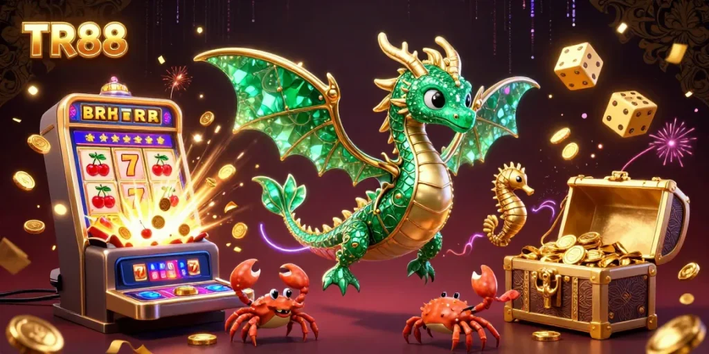 Experience TR88's vibrant casino world with a unique emerald sea dragon amidst a jackpot explosion, captivating players.