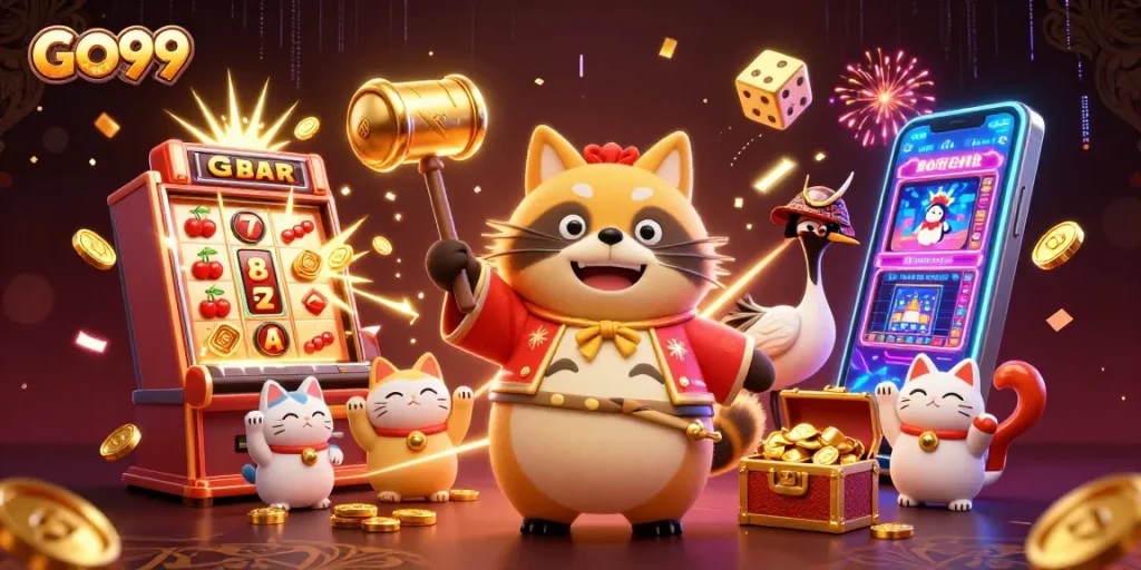 GO99 players enjoy exciting wins with cheerful tanuki and vibrant casino elements in action.