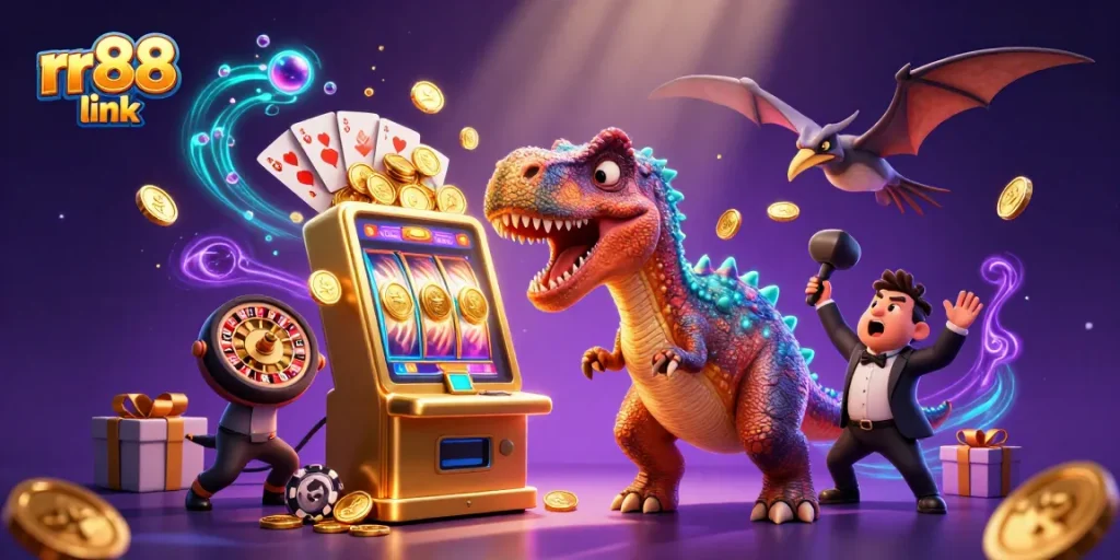 Headbutting a jackpot slot machine, a pteranodon catches coins in a vibrant rr88 link casino scene.