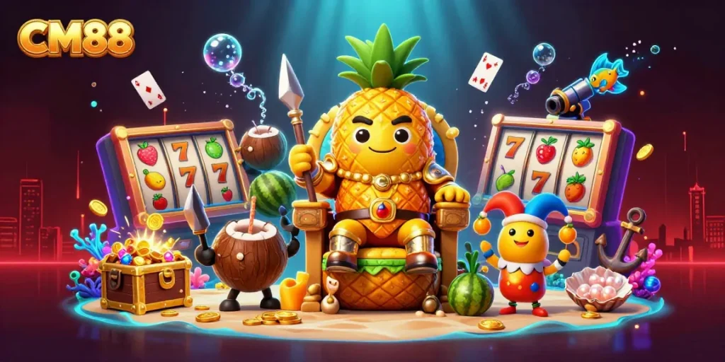 Join the CM88 casino excitement with vibrant characters and lively slot elements in dynamic 3D illustration.