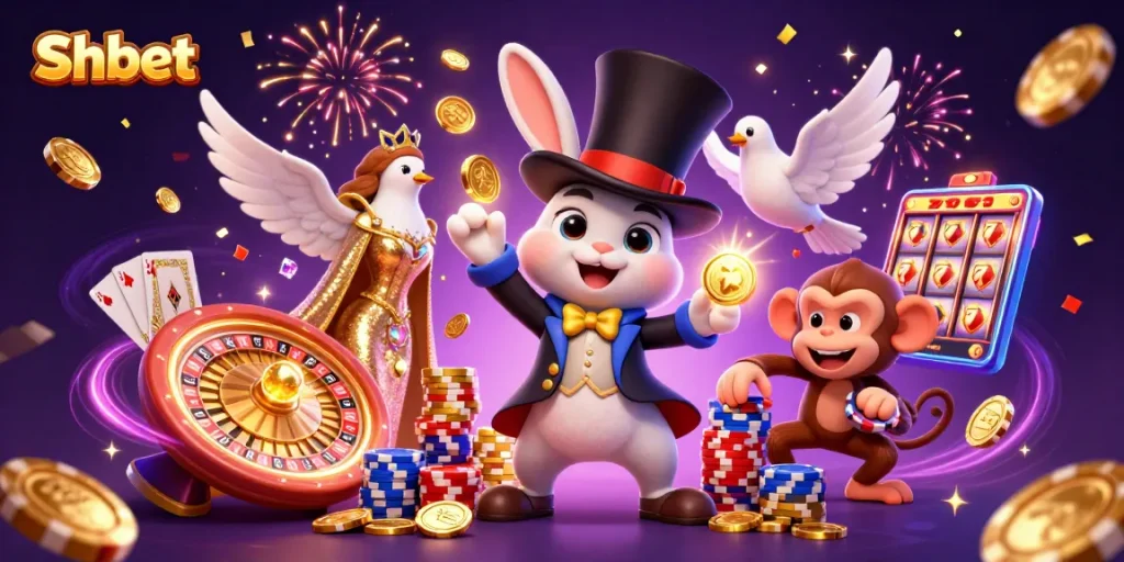 Shbet showcases thrilling gaming moments with a magical rabbit, glittering coins, and vibrant poker action.