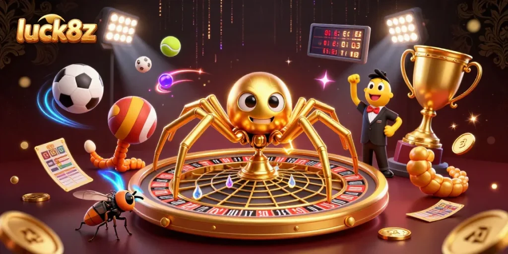 Engage with luck8z as a golden spider spins a roulette wheel web amidst dynamic sports betting elements.