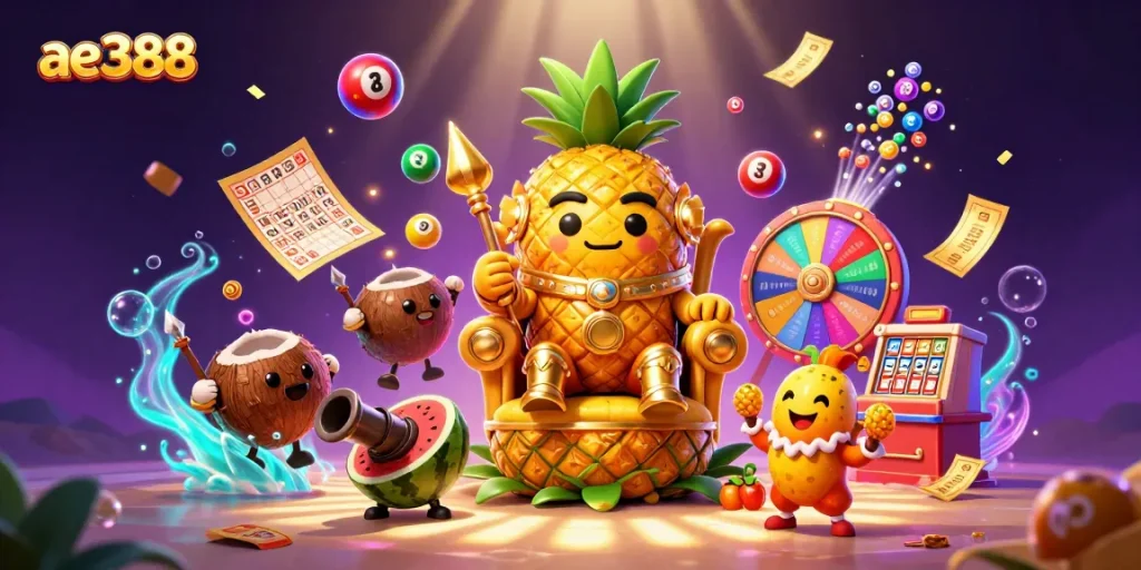 Engaging gamble path with ae388 characters, vibrant lottery and casino elements creating excitement.