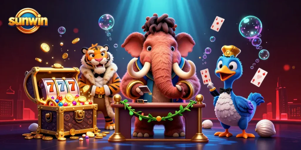 sunwin invites players to a vibrant casino scene featuring a woolly mammoth bouncer, exciting slot elements, and rich underwater treasures.