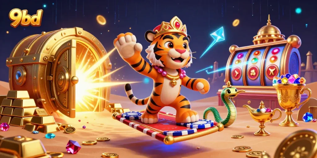Engage in exciting gaming adventures at 9bd with a vibrant 3D illustration showcasing luxurious casino elements.