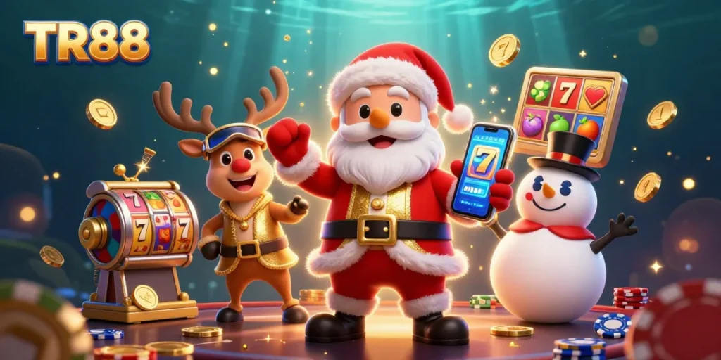 TR88 casino scene featuring a jackpot-themed illustration with Santa and festive elements.