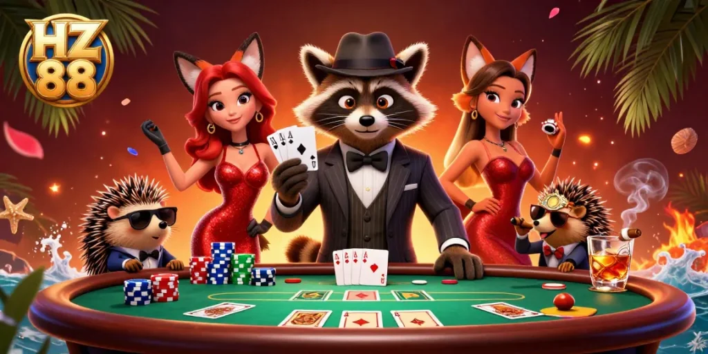 Experience the excitement of HZ 88 at this vibrant casino scene featuring animated characters and poker action.