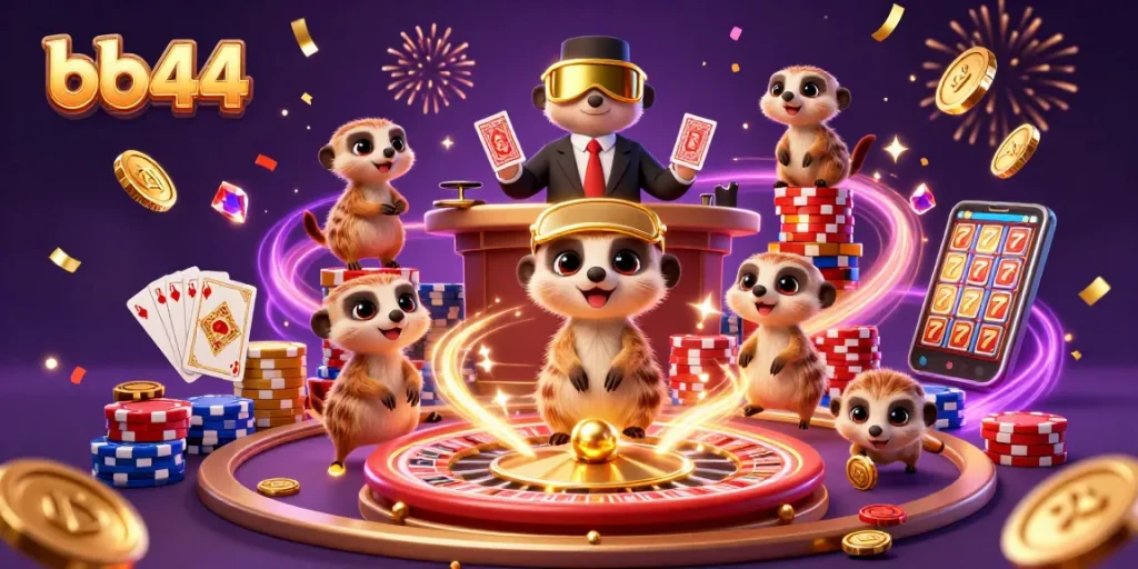 Experience the thrill of gaming at bb44 with a vibrant meerkat casino illustration featuring exciting games and winnings.