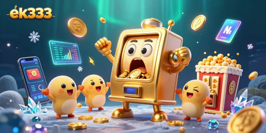 ek333 shows a golden slot machine shocked by its jackpot, with coins pouring out amidst high-energy gaming elements.