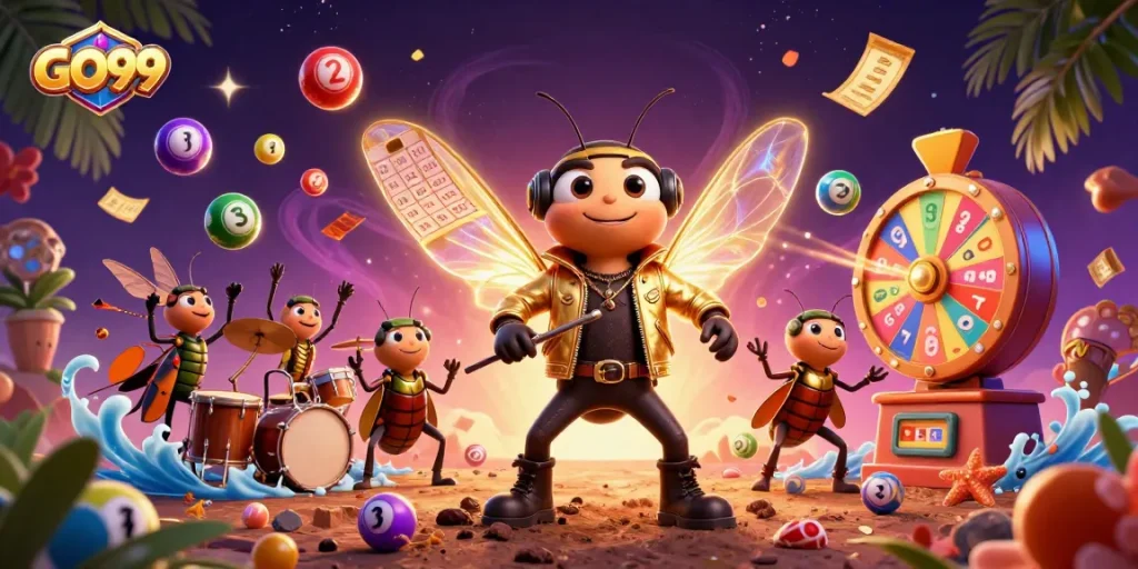 GO99 captivates with a vibrant celebration of gaming elements, featuring a cicada rock star and dynamic lottery balls.