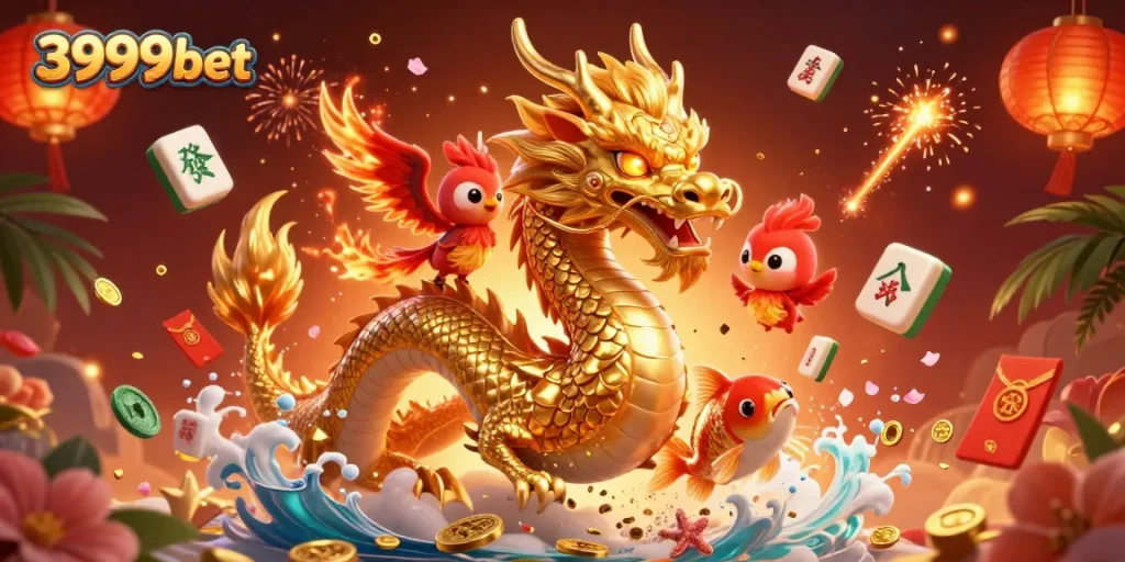 Experience thrilling gameplay at 3999bet with a dynamic scene featuring a golden dragon and festive elements.