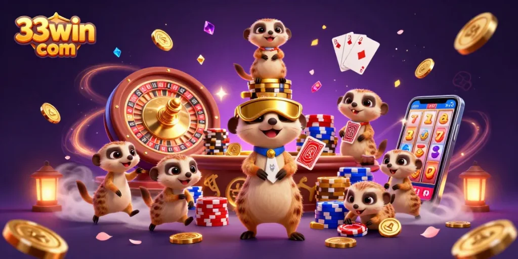 33win com illustrates an entertaining casino scene with meerkats, showcasing vibrant gaming elements.