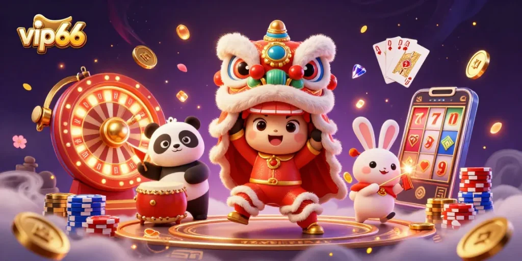 Experience the excitement of vip66 with a vibrant casino celebration featuring a lion dance.