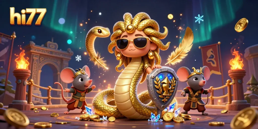Experience the excitement of hi77 with Medusa and a warrior mouse in a dynamic gambling scene.