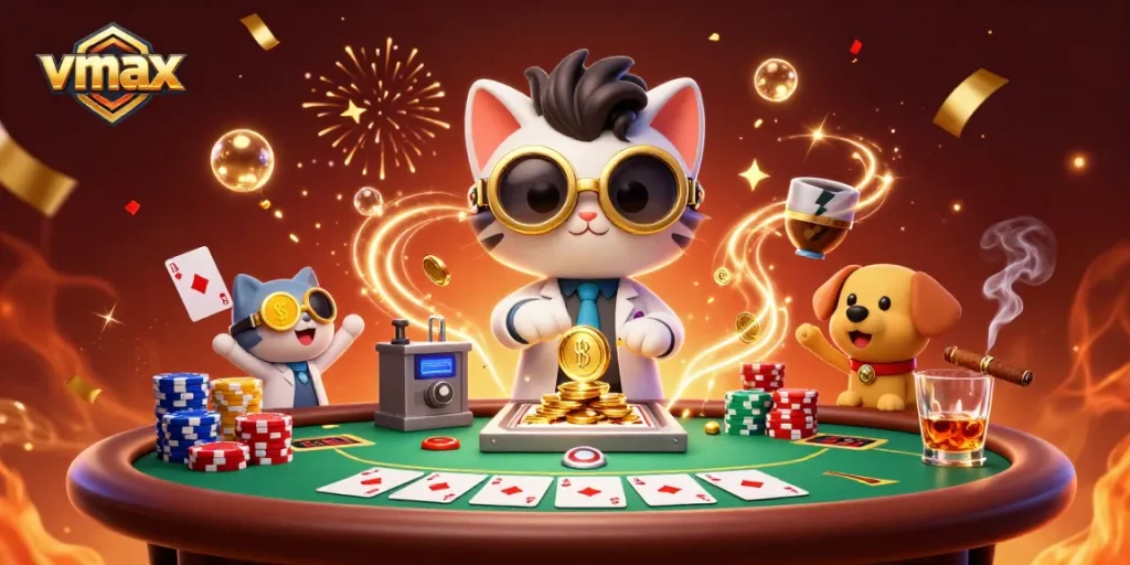 Join the excitement at vmax as the mad scientist cat and loyal dog create winning strategies in a vibrant casino scene!