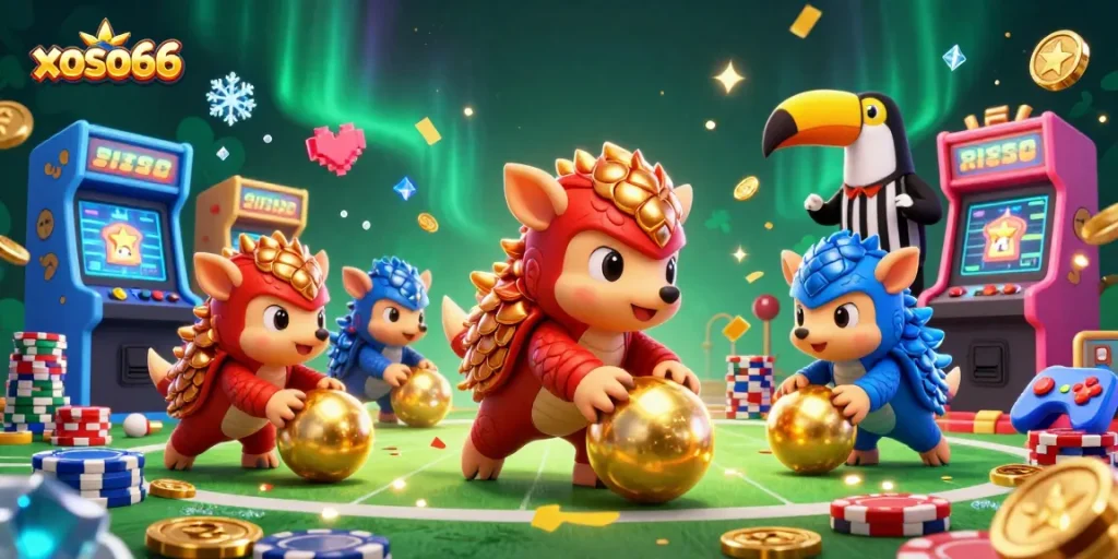 xoso66 pangolins bowling through poker chips in a vibrant 3D casino scene.